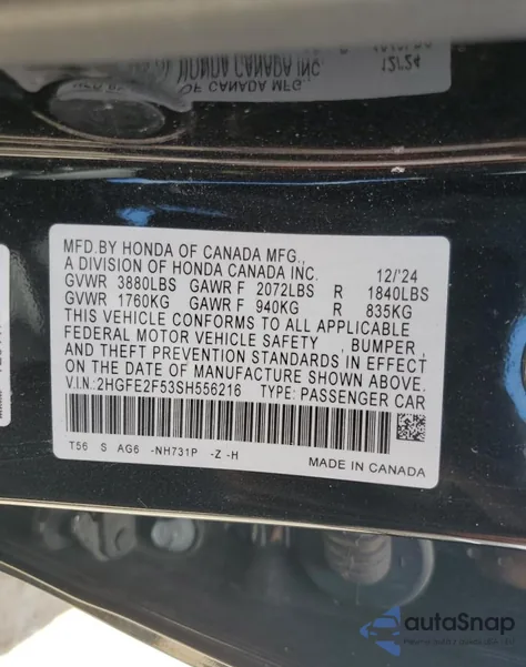 2025 Honda Civic Sport from USA, damaged, VIN 2HGFE2F53SH556216